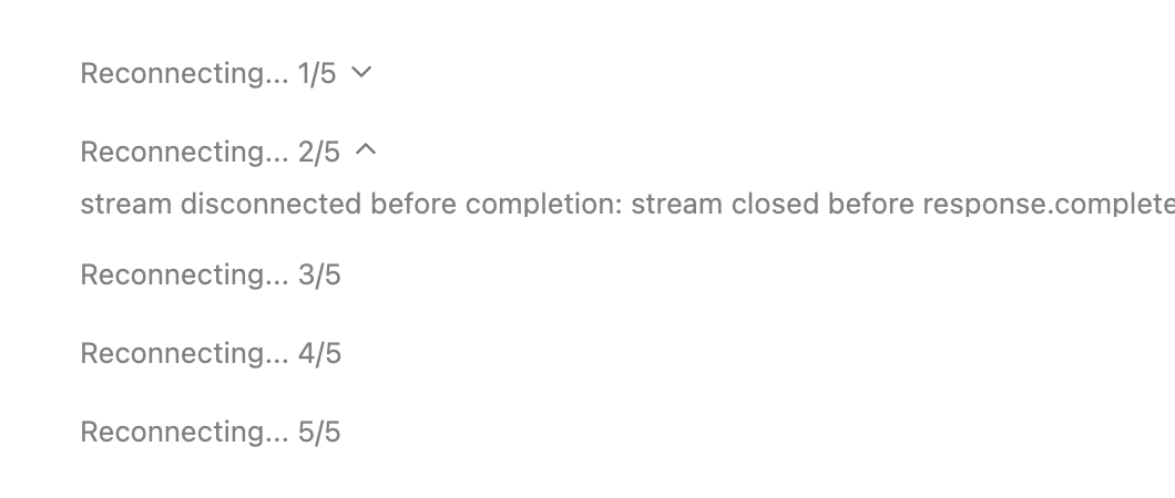 Codex showing the reconnection status messages “Reconnecting... 1/5,” “Reconnecting... 2/5,” and so on through “Reconnecting... 5/5.” Below “Reconnecting... 2/5,” it also shows “stream disconnected before completion: stream closed before response.complete.” This image accompanies the answer to Q11 and illustrates how a ws connection can fail when the proxy does not have tun mode enabled. After 5 failures, Codex falls back to https.