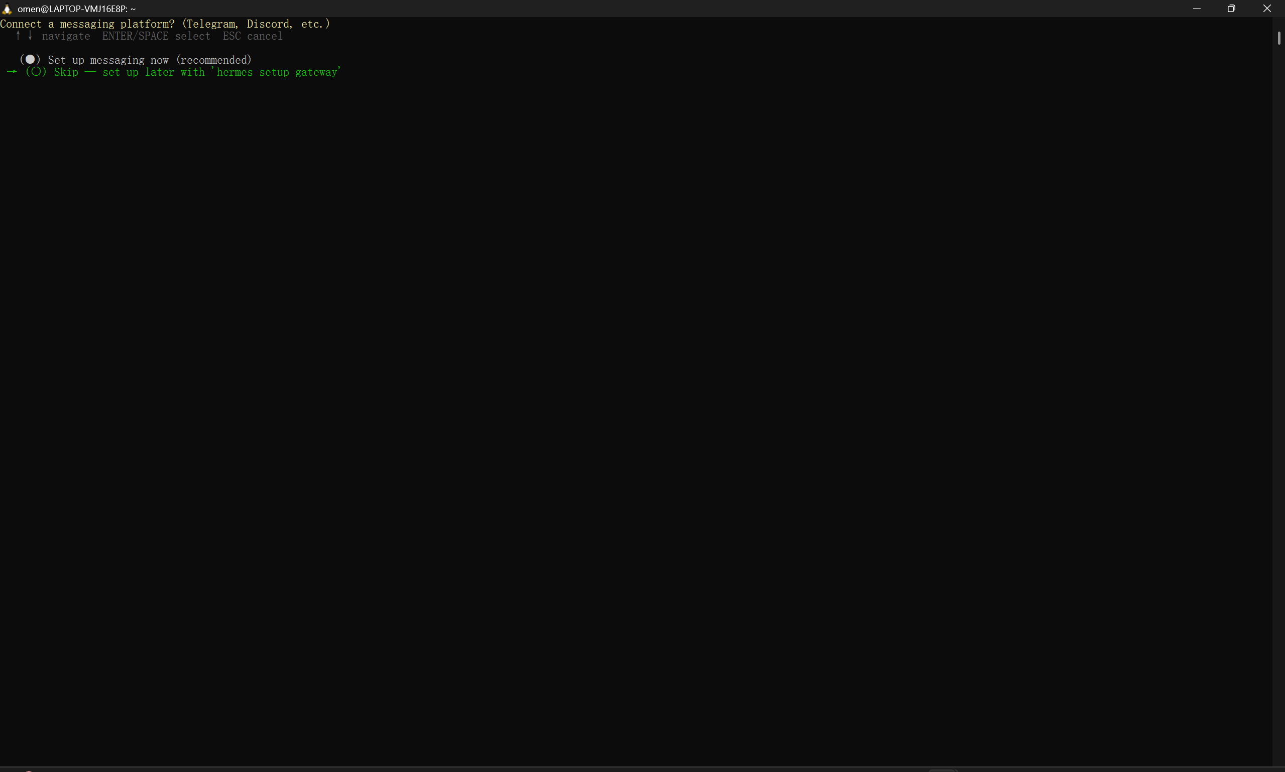 A dark Hermes terminal setup screen showing messaging platform options such as Telegram and Discord, including a recommended option to set up messaging now. This screen appears during the Hermes configuration flow.