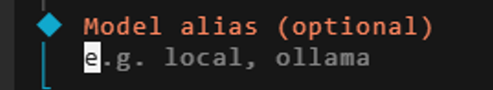 图片展示的是OpenClaw配置教程中选择模型时的界面。界面上方显示“Model alias (optional)”，下方示例为“e.g. local, ollama”。这与文档中“这里是输入你想要的模型名称，我们推荐claude-sonnet-4-6”内容对应，说明在选择模型时，可在此处输入模型名称，推荐使用claude-sonnet-4-6，且模型名称可自定义，如local、ollama等。